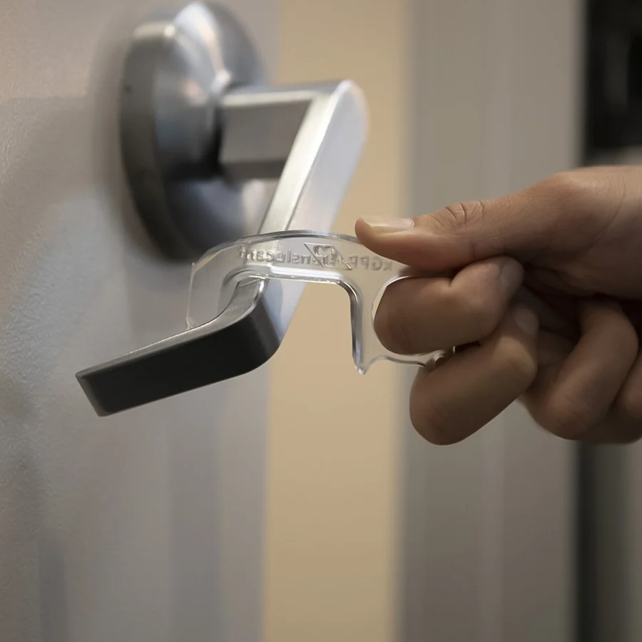 Hands-free door opener printed in Nexa3D xMED412 resin in use