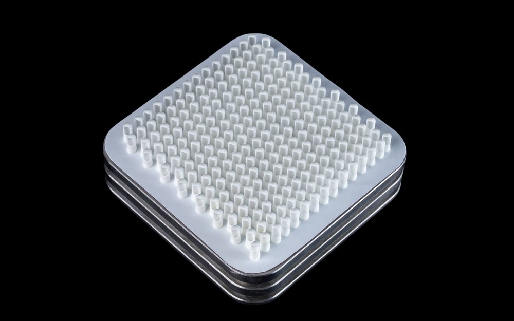 3DCeram build plate with 232 ceramic arthroscopic surgical tools printed without supports