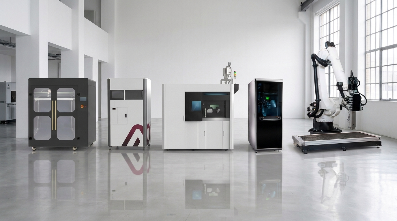 Additive Plus 3D printing machine lineup in a modern showroom: FDM printer, AO Metal A50, Farsoon FS350 LPBF, ATO atomizer and Caracol Heron robotic 3D printer
