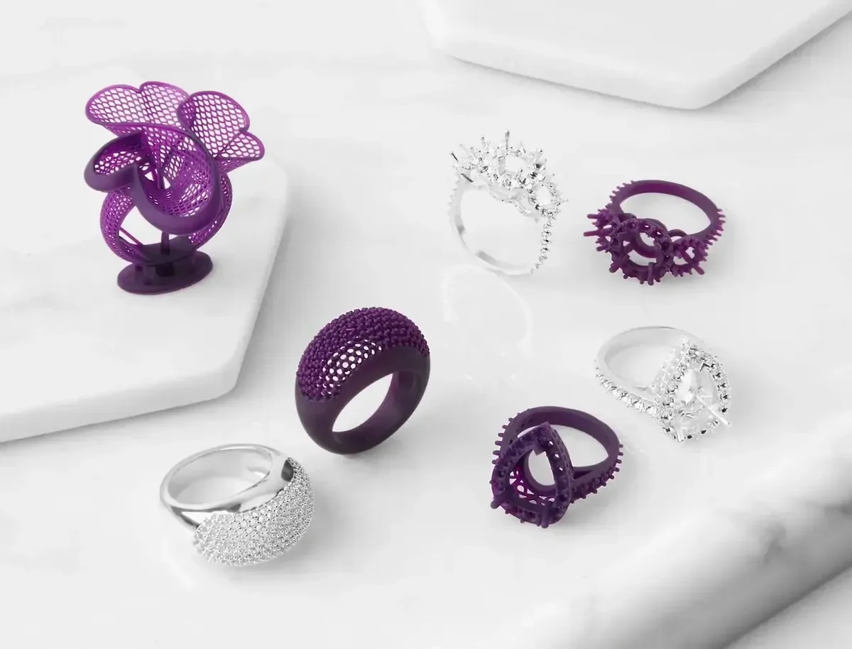 Jewelry patterns 3D printed in castable resin - rings and filigree ready for investment casting