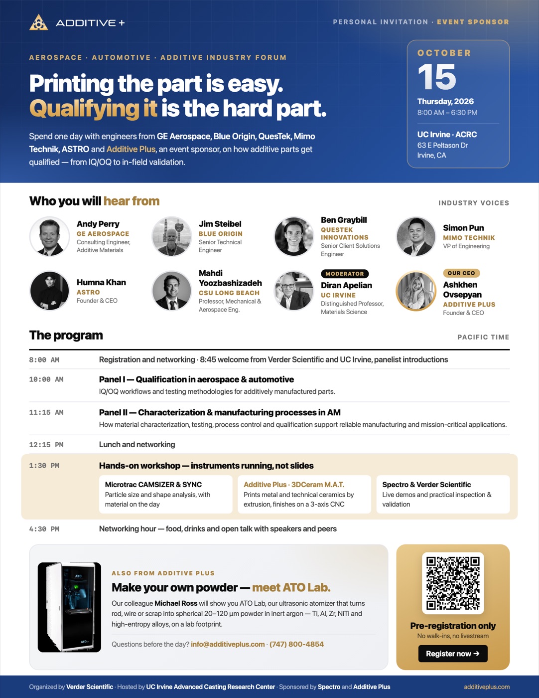 Additive Plus flyer for the Aerospace, Automotive and Additive Industry Forum at UC Irvine on October 15, 2026: speakers, program and registration QR code
