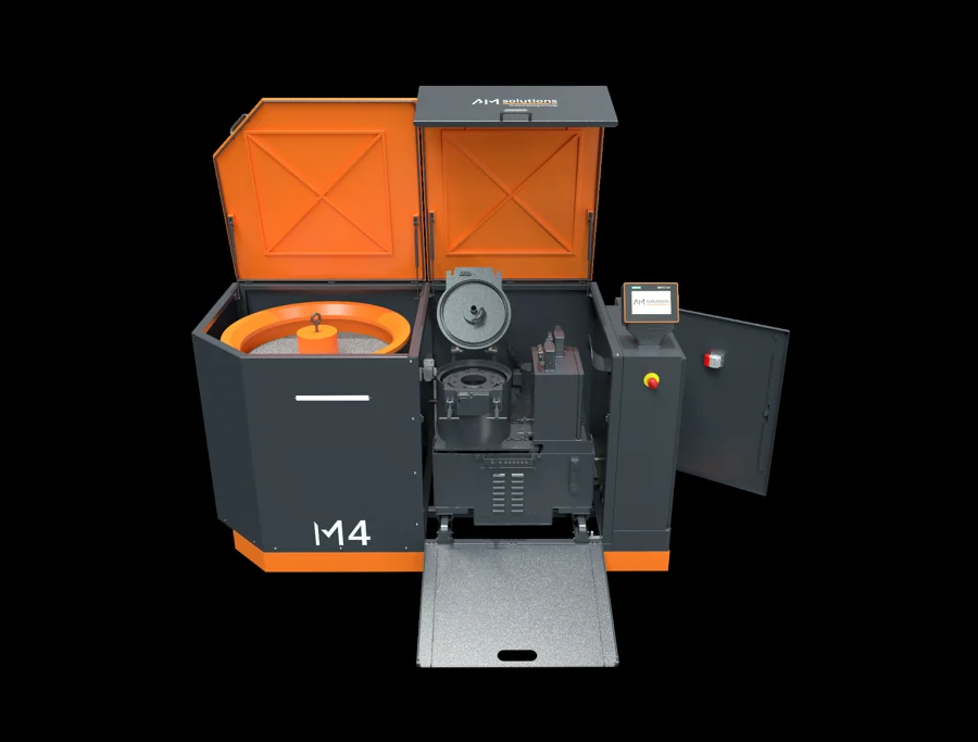 AM Solutions M4 with doors open — rotary vibrator bowl, process-water centrifuge and control panel