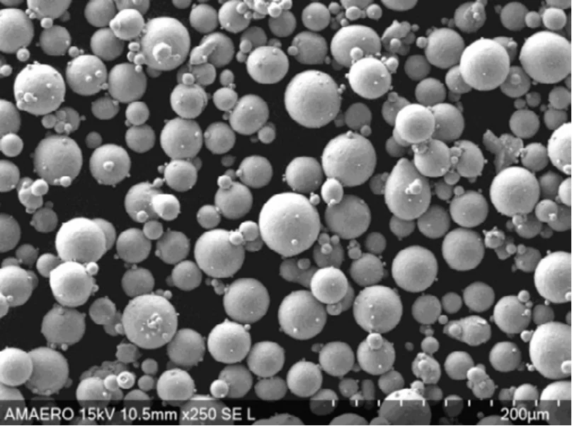 SEM image of Amaero Ti-6Al-4V Grade 23 powder at ×250, from Amaero's specification sheet; scale bar 200 µm.