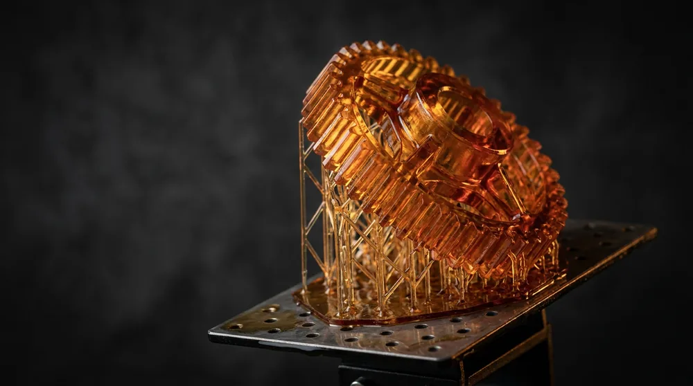 Amber durable general-purpose SLA resin part on the build platform