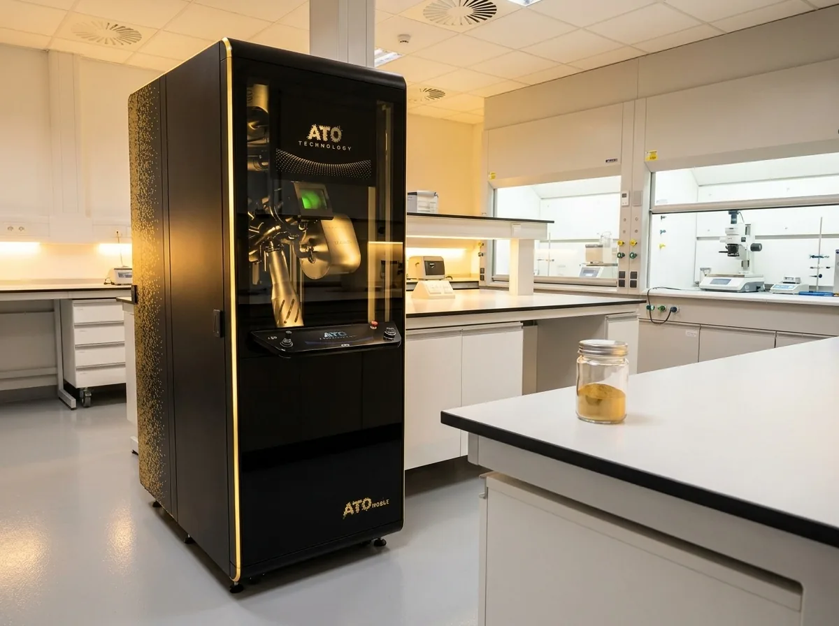 ATO Noble precious-metals ultrasonic atomizer with gold and silver ingots and a dish of gold powder