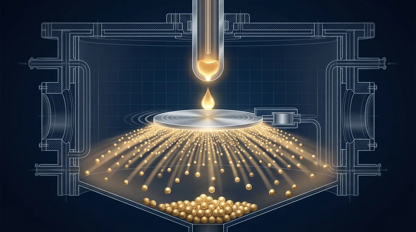 Cutaway of the ATO ultrasonic atomization chamber: molten metal dripping from the rod onto a vibrating sonotrode, shedding a radial spray of spherical droplets into the collection cone