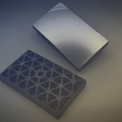 Silicon carbide lattice part 3D printed with ceramic filament and a polished optical mirror on a blue-to-gold graded background, ceramic filament applications