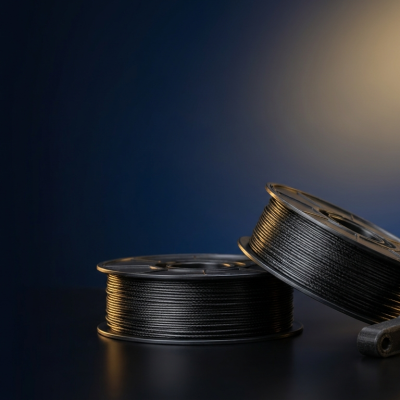 Carbon fiber filament banner: spools of carbon-fiber filament and a printed matte-black bracket on a navy studio background with gold glow