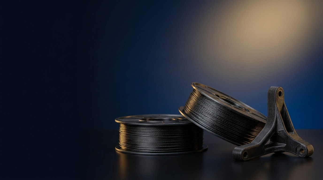 Carbon fiber filament banner: spools of carbon-fiber filament and a printed matte-black bracket on a navy studio background with gold glow