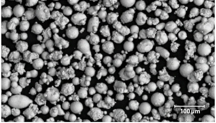 SEM image of typical PowderRange CCM powder, from the Carpenter Additive datasheet; scale bar 100 µm.