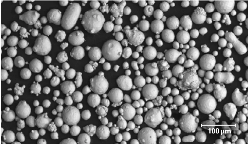 SEM image of typical PowderRange M300 powder, from the Carpenter Additive datasheet; scale bar 100 µm.
