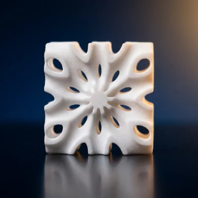 Real white zirconia 3D-printed ceramic openwork lattice part on dark studio background
