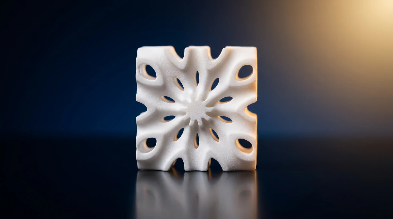 Real white zirconia 3D-printed ceramic openwork lattice part on dark studio background