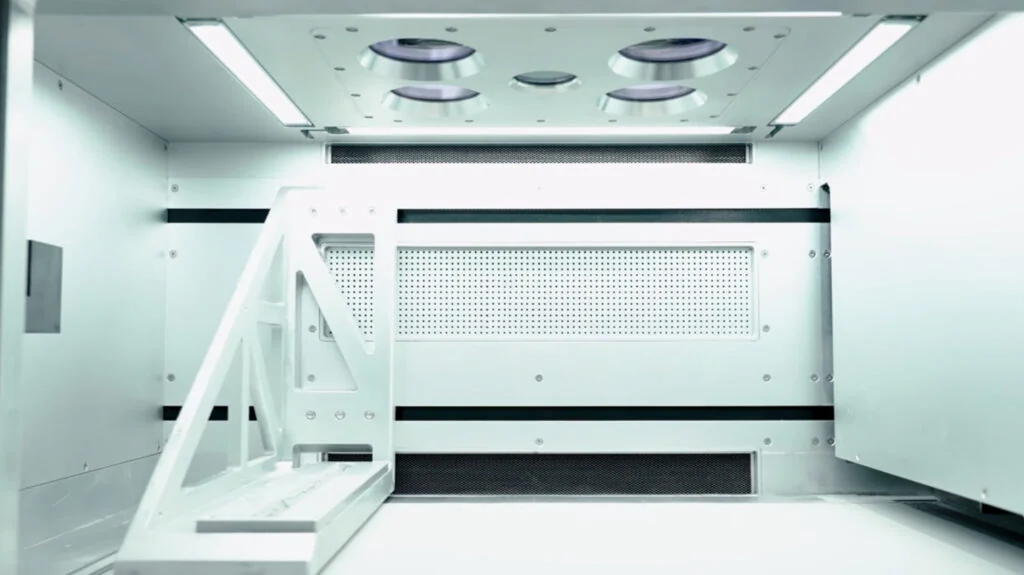 Farsoon FS350M LPBF metal 3D printer - build chamber interior with recoater and layered gas flow