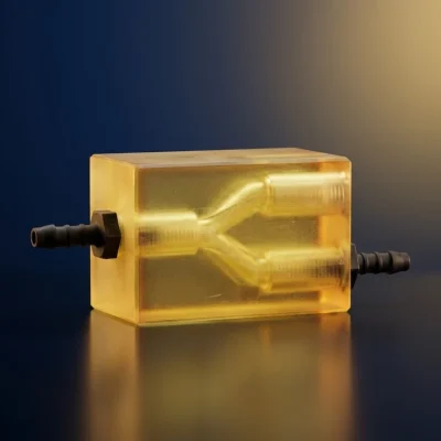 Translucent amber ALTANA Cubic Ink DLP 3D-printed manifold with internal flow channel