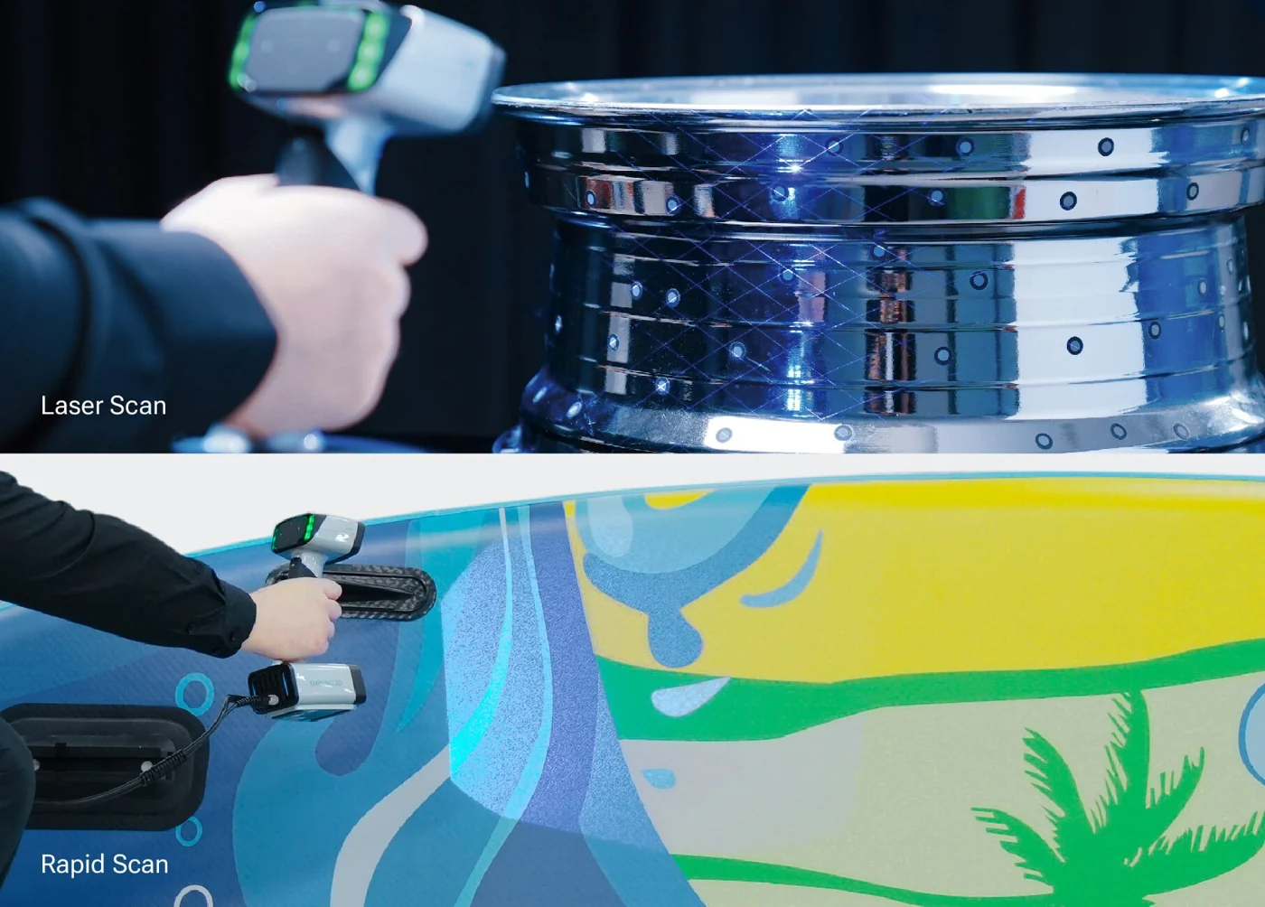 EinScan HX2 laser-scanning a chrome wheel rim and rapid-scanning a colorful surfboard
