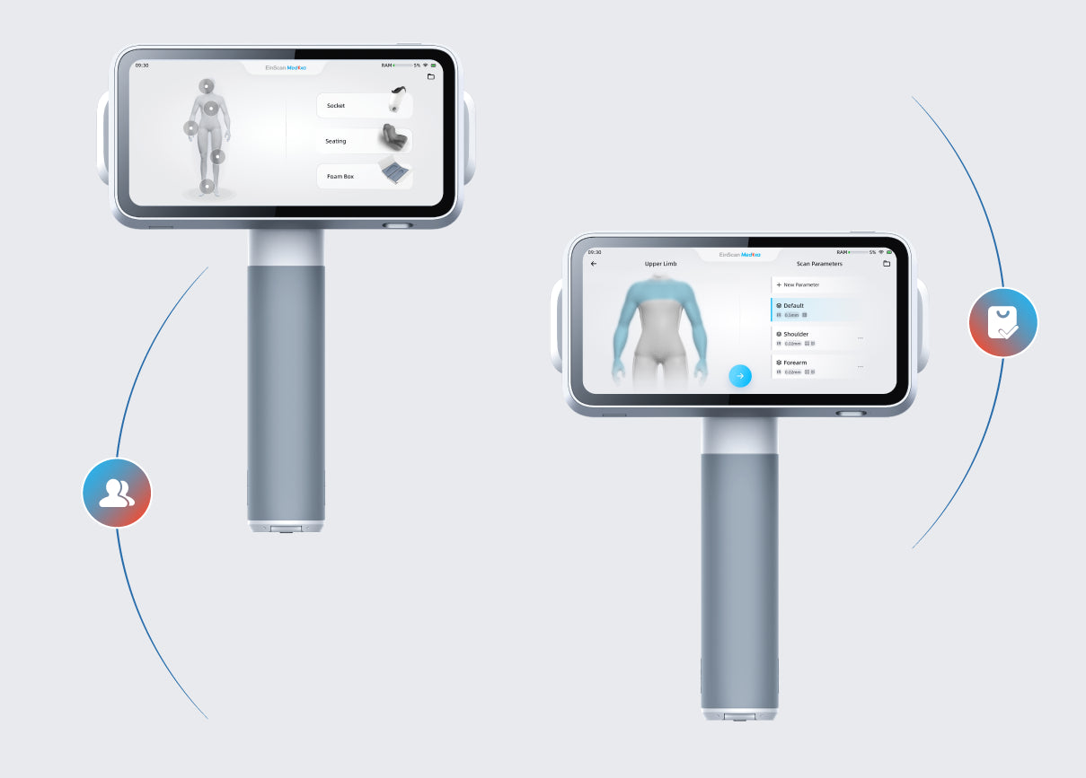 EinScan Medixa body scan presets for face, cranial, torso, limbs, feet, socket