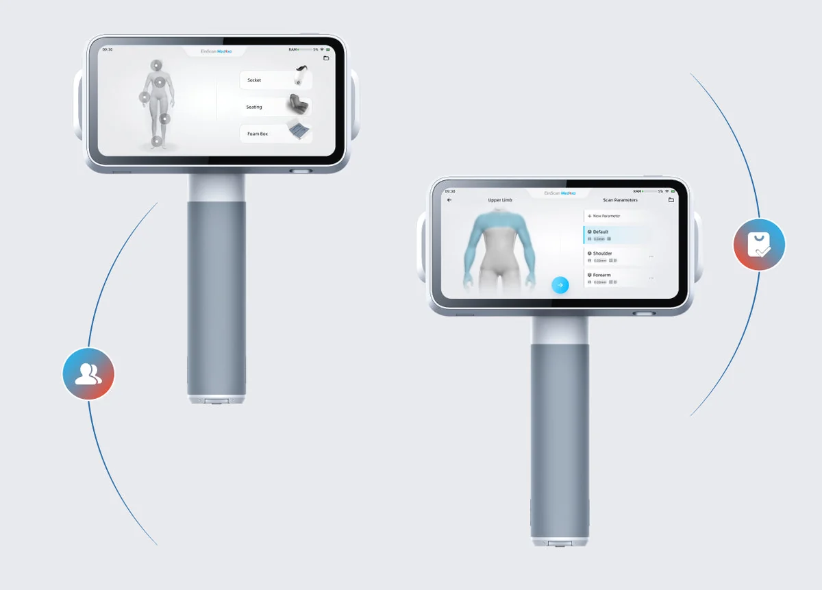 EinScan Medixa body scan presets for face, cranial, torso, limbs, feet, socket