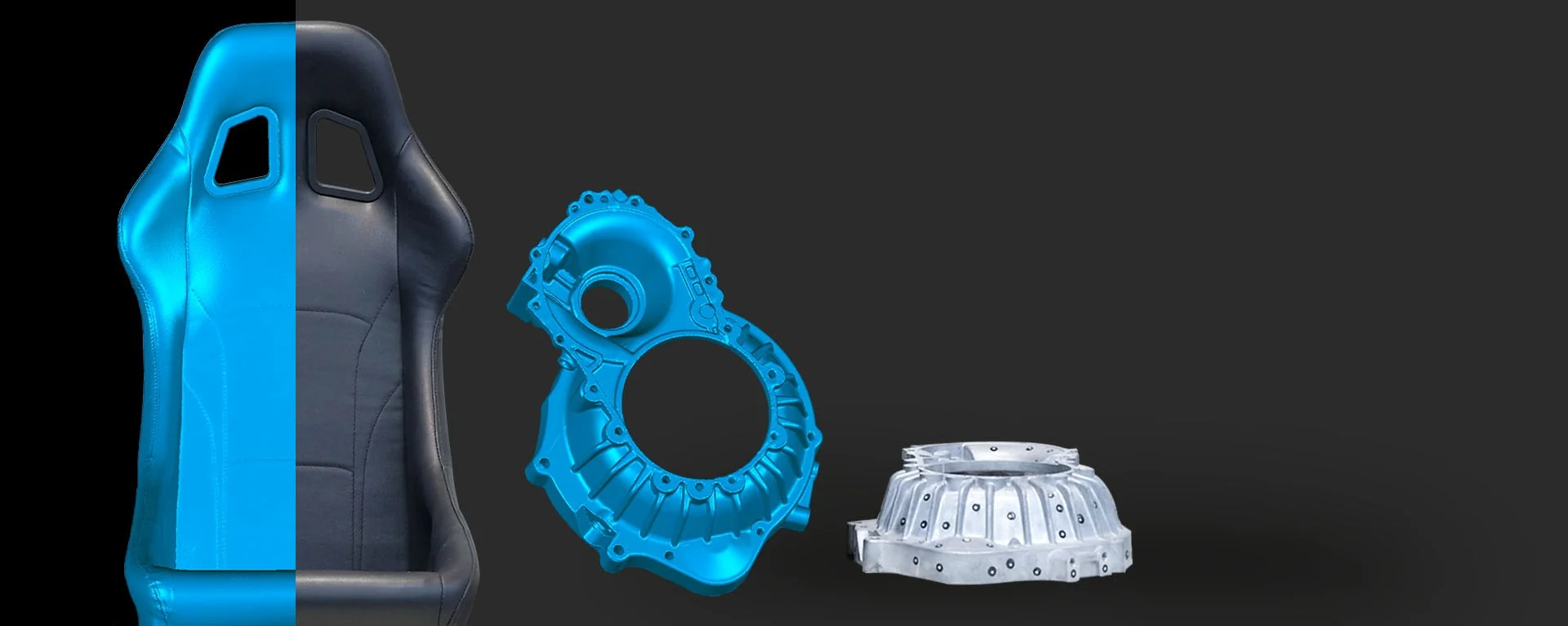 EinScan Pro HD scan result of an automotive seat frame shown as a blue 3D mesh next to the real parts