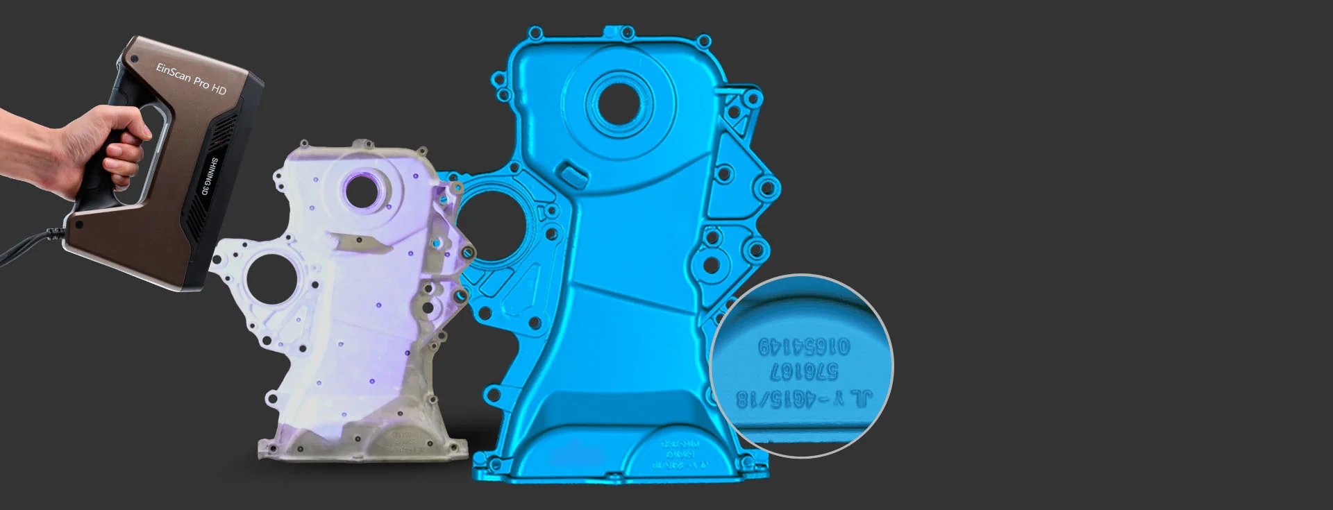 Handheld EinScan Pro HD scanning a metal engine part with live mesh capture