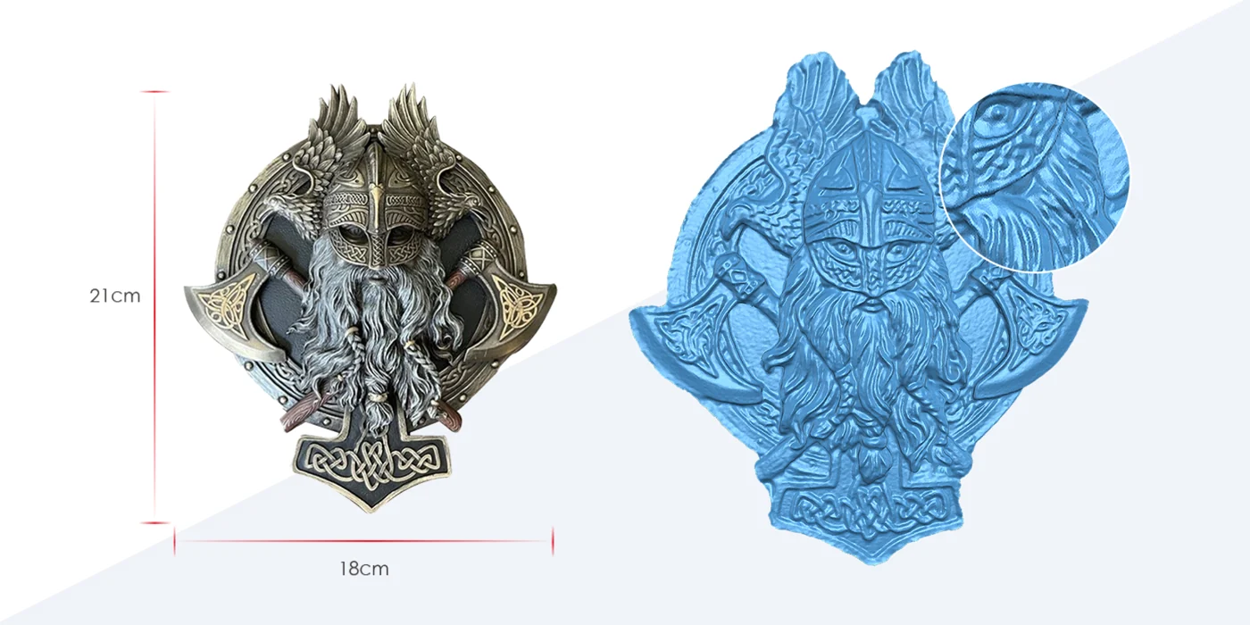 Fine-detail Einstar 3D scan of an ornate Viking relief with a magnified mesh close-up