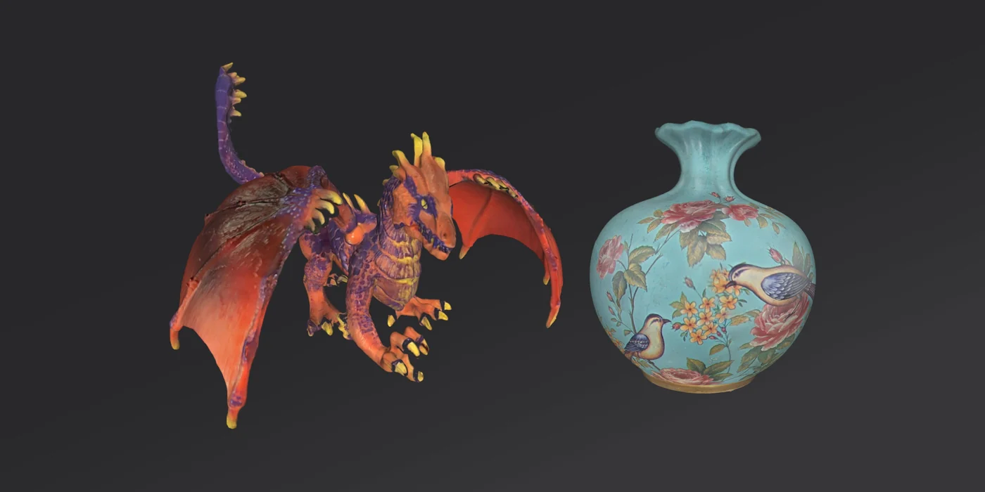 Full-color Einstar 3D scan of a painted dragon and a floral vase captured with the built-in RGB camera