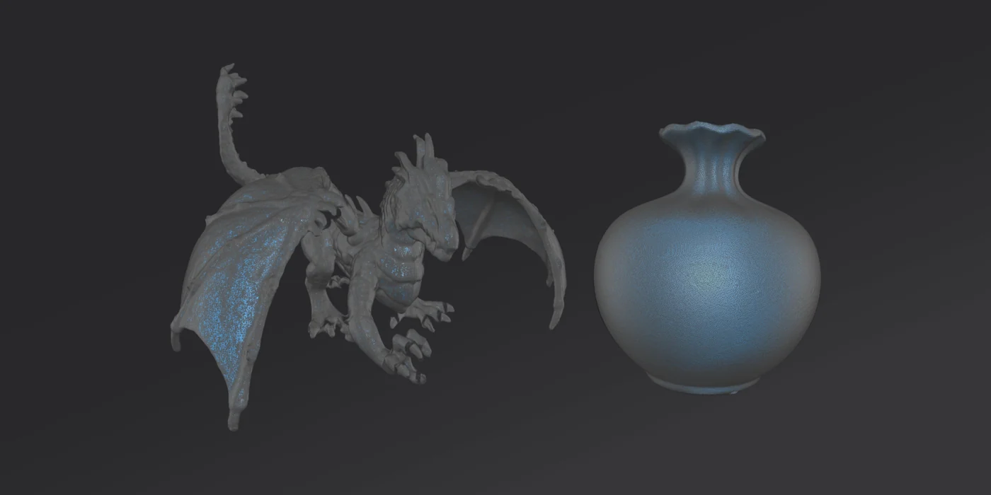 Einstar 3D scan geometry mesh of a dragon figurine and a ceramic vase