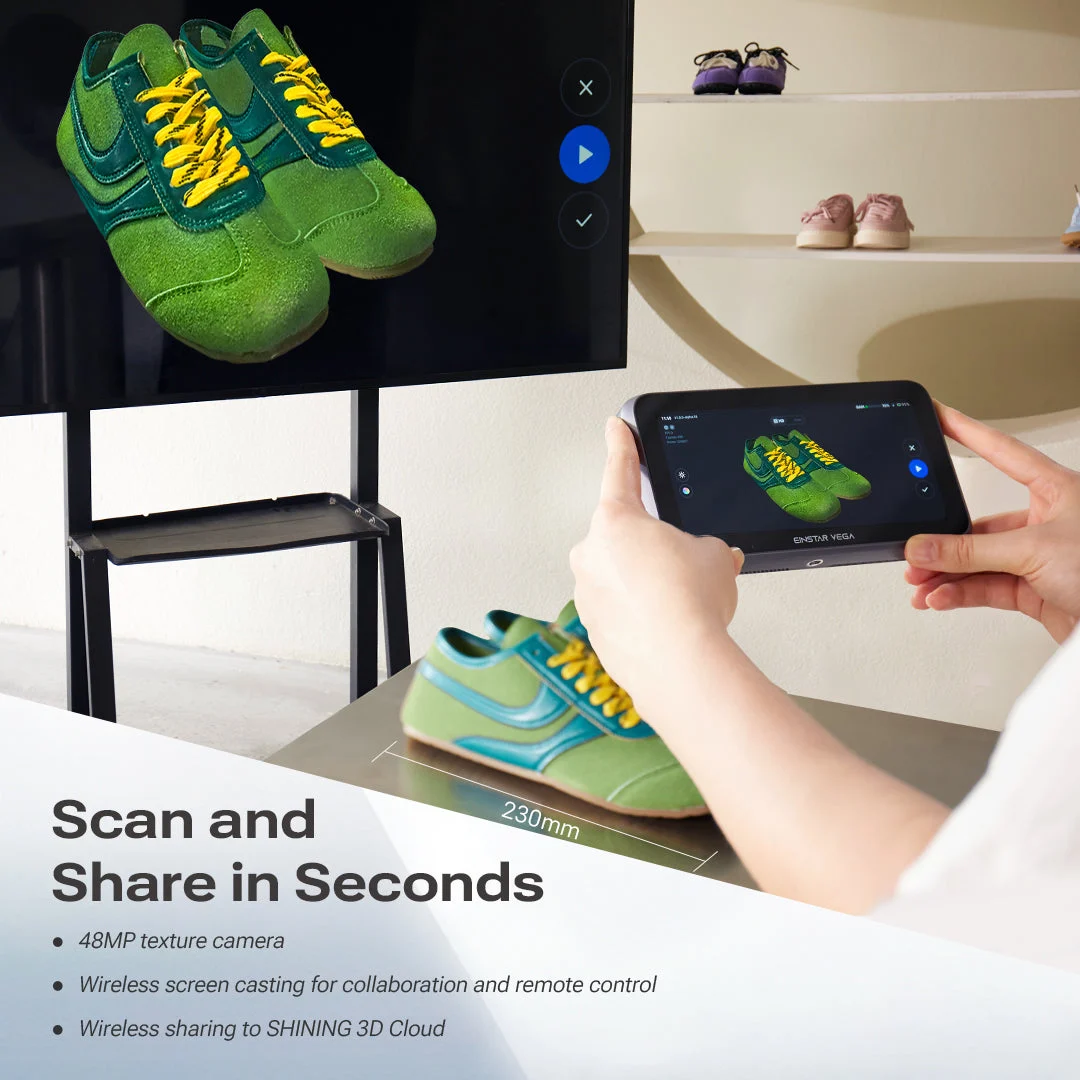 Einstar Vega full-color 3D scan of a shoe shared to a second screen