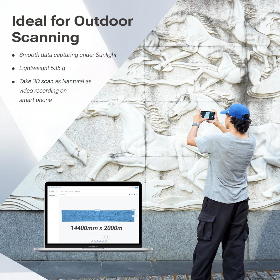 Einstar Vega scanning a large stone relief outdoors in sunlight