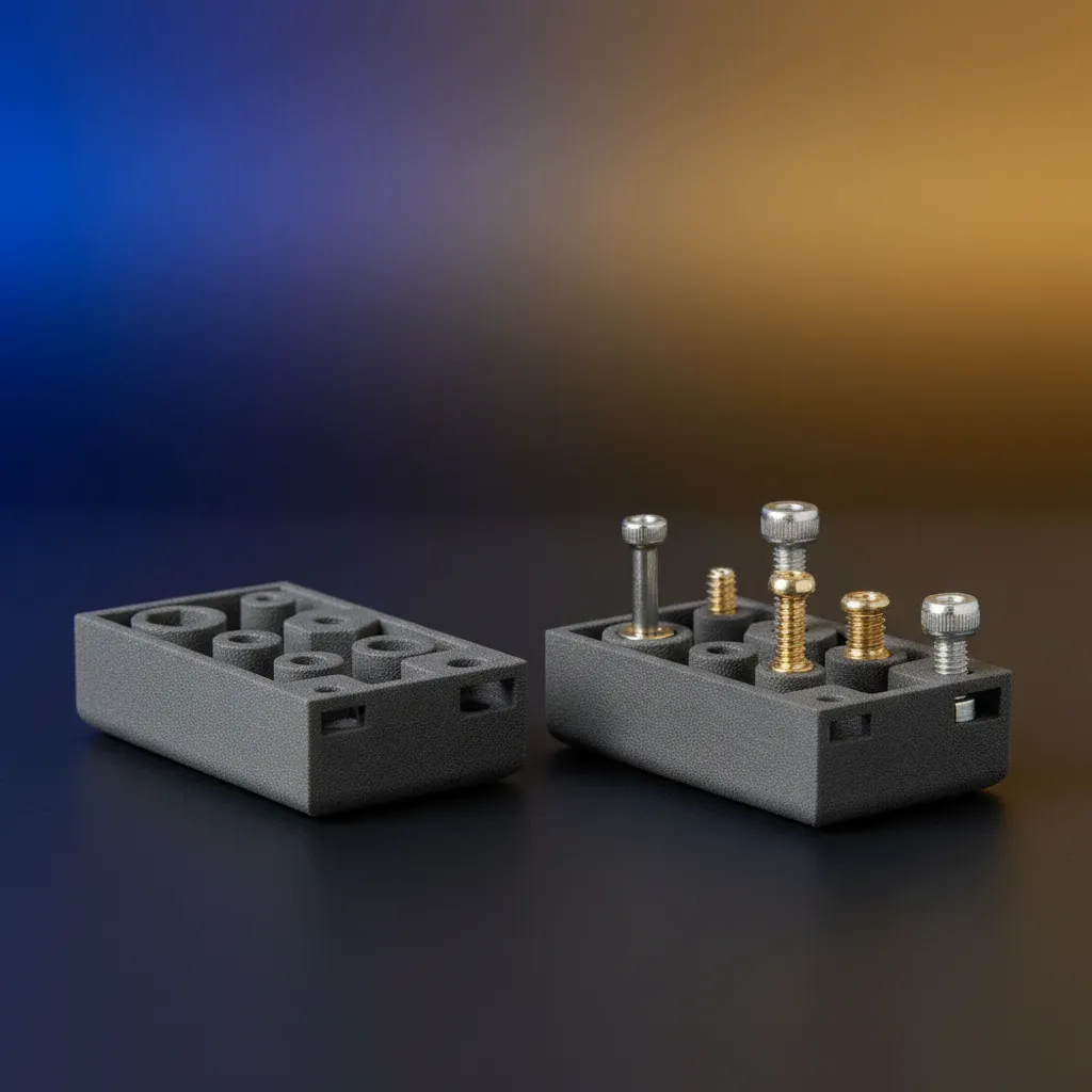 FDM part with threaded brass inserts