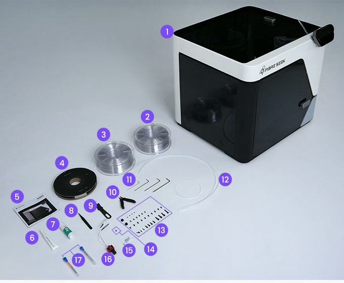 FibreSeeker 3 carbon fiber 3D printer — printer plus the 17-item starter kit laid out