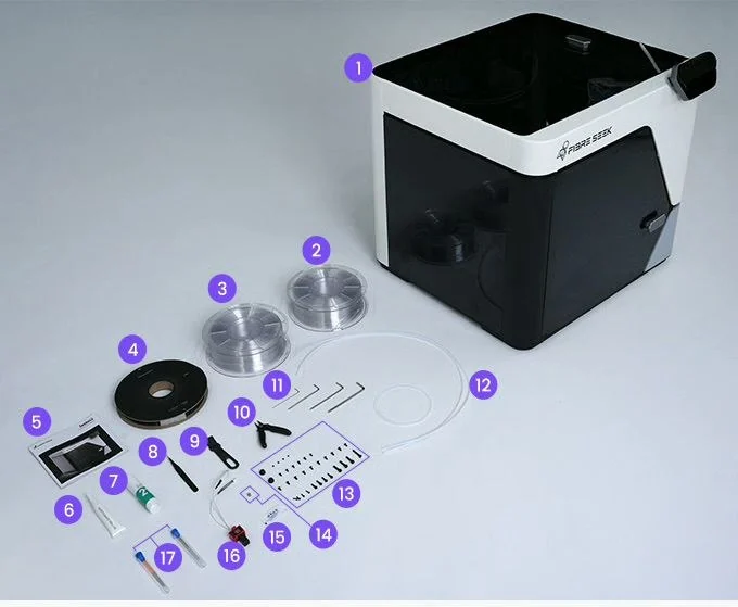 FibreSeeker 3 carbon fiber 3D printer with its accessory kit laid out