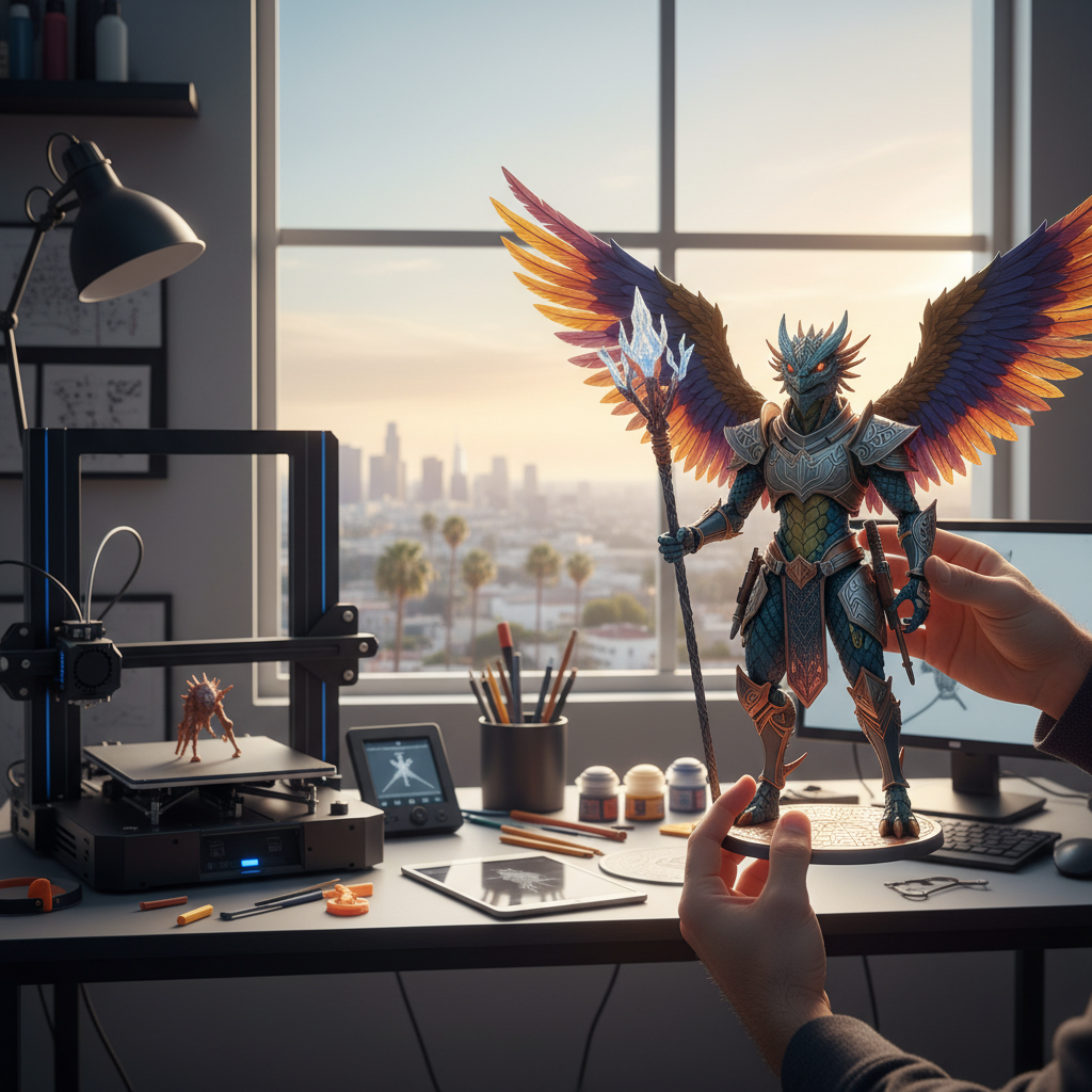 A person's hands are carefully holding and examining a highly detailed, vibrantly colored 3D printed custom action figure of a unique, imaginative character. The action figure is a collectible quality, showcasing intricate design work. The setting is a modern, well-lit workshop or design studio, with a subtle hint of the Los Angeles cityscape visible through a large window in the background. In the background, a professional-grade 3D printer is actively working, either just finishing another print or preparing for a new one, illustrating the creation process. The overall mood is one of creativity, precision, and the excitement of bringing digital designs to tangible life.