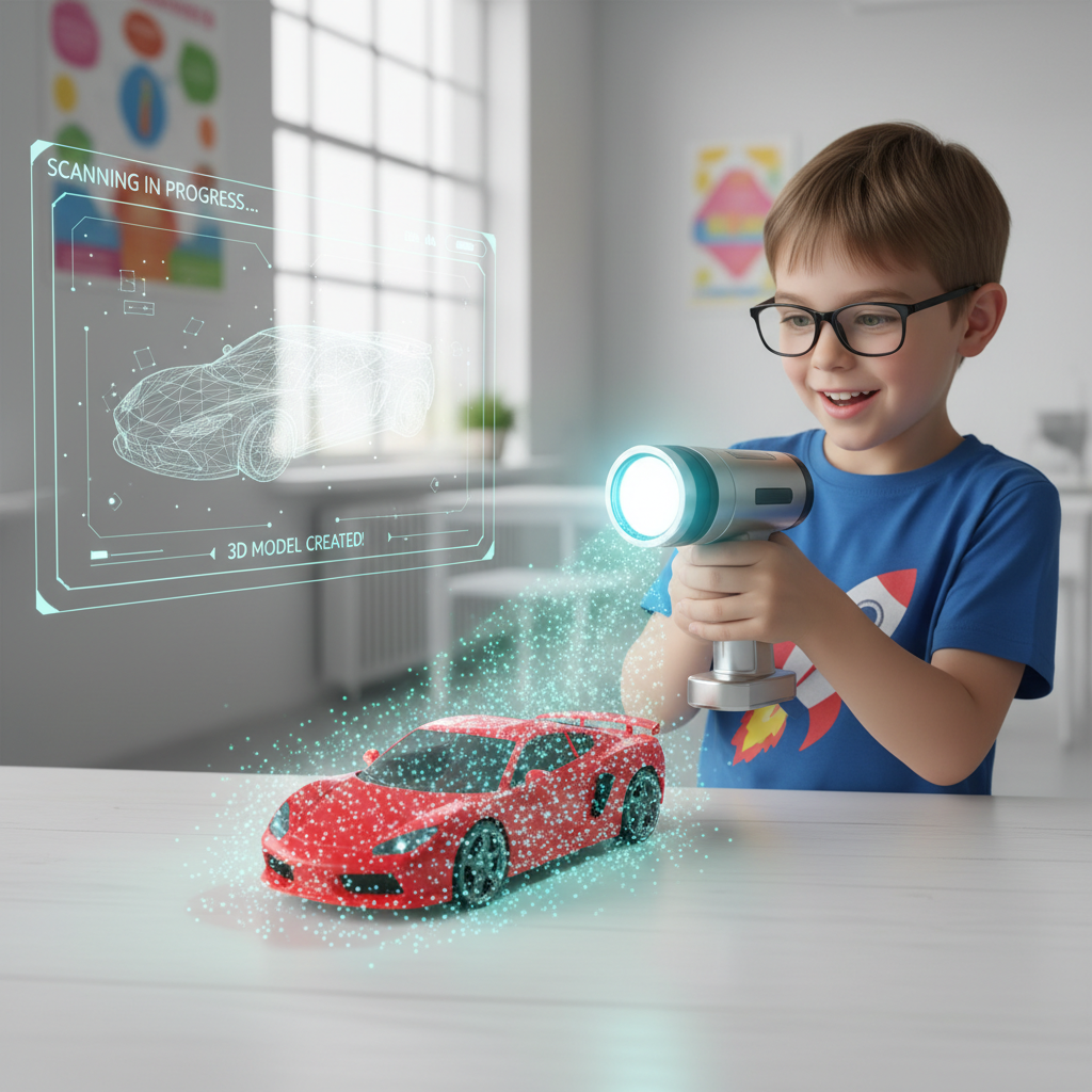 A curious 8-year-old child, wide-eyed with wonder, holds a sleek, futuristic-looking handheld device that resembles a specialized flashlight. A focused beam of bright light emanates from the device, illuminating a detailed toy car placed on a simple tabletop. As the light hits the toy car, a vibrant, glowing 'point cloud' of countless tiny, interconnected dots visibly forms around the car, seemingly outlining its exact shape in mid-air. In the background, subtly displayed on a translucent screen or holographic interface, the toy car's digital 3D mesh model is seen forming, made of clean, interconnected lines, representing the conversion from physical to digital. The atmosphere is bright and educational, emphasizing discovery and technology, with a clean, modern aesthetic.
