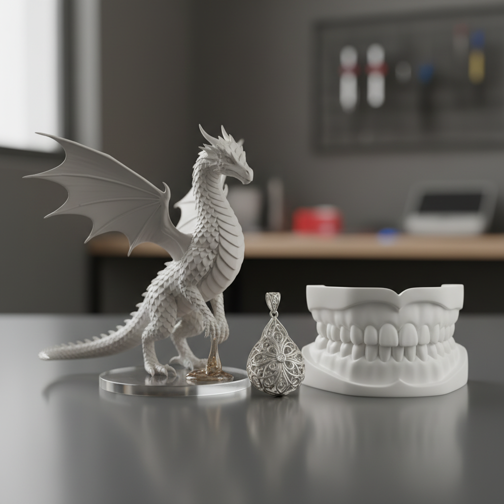 An eye-level close-up shot of a small collection of exquisitely detailed 3D printed objects, showcasing the capabilities of an SLA printer. The collection features a miniature fantasy dragon with visible, individual scales and delicate wings, a gleaming and intricate pendant designed for jewelry, and a pristine, perfectly smooth dental model. The items are arranged on a clean, subtly reflective surface, bathed in soft, professional lighting that emphasizes their ultra-smooth surfaces and microscopic features. A hint of cured, translucent resin might be subtly visible on the base of one object, indicating its origin from a liquid process.