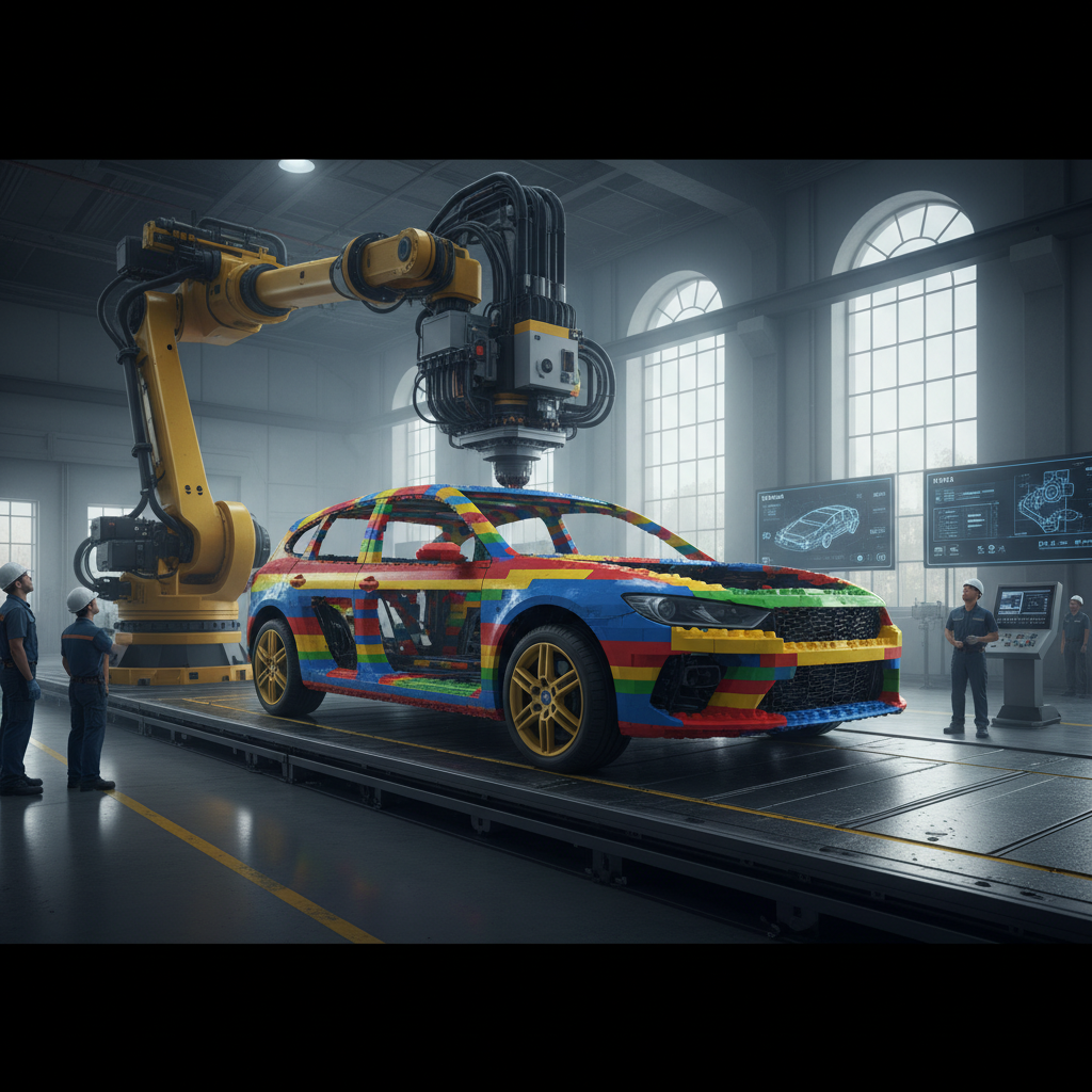 A giant robotic arm building a life-sized car frame from super-sized LEGO-like blocks using Large-Format Additive Manufacturing (LFAM) on an industrial factory floor.