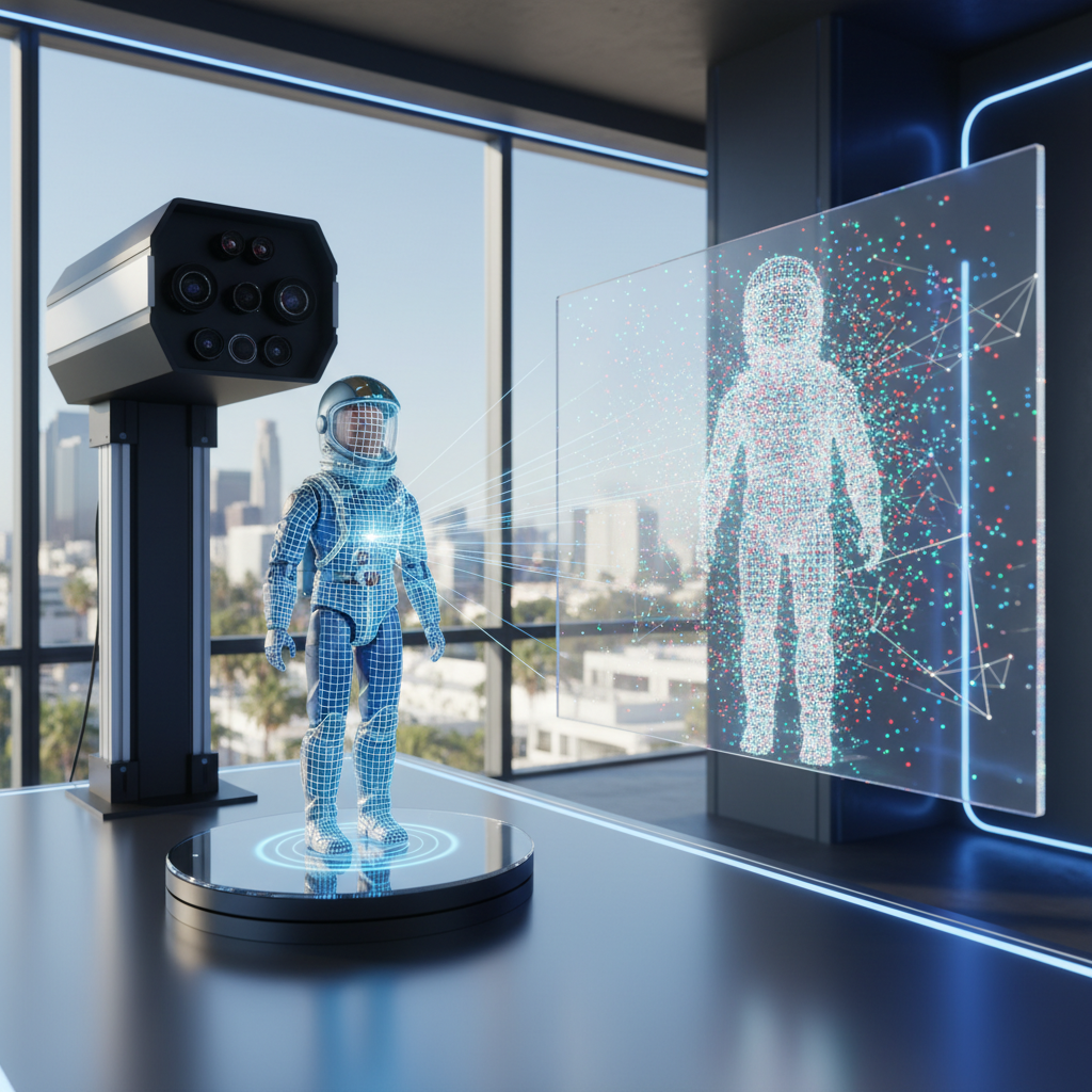 A sleek, modern 3D scanner is actively scanning a highly detailed, vintage action figure placed on a turntable. Bright, precise laser light beams or structured light patterns are emanating from the scanner and reflecting off the action figure's surface. Next to the scanning station, on a large, transparent digital display or holographic screen, a vibrant 'point cloud' is forming – millions of tiny, glowing digital dots coalescing into the exact shape of the action figure, resembling a miniature starry night sky. From this point cloud, faint, delicate lines are beginning to connect the dots, hinting at the formation of a solid 3D digital model. The setting is a clean, well-lit, high-tech lab or studio with a hint of sun-drenched Los Angeles visible through a large window in the background. Emphasize high-accuracy, crisp digital detail, and the futuristic nature of the technology. Photorealistic, clean, technologically advanced.