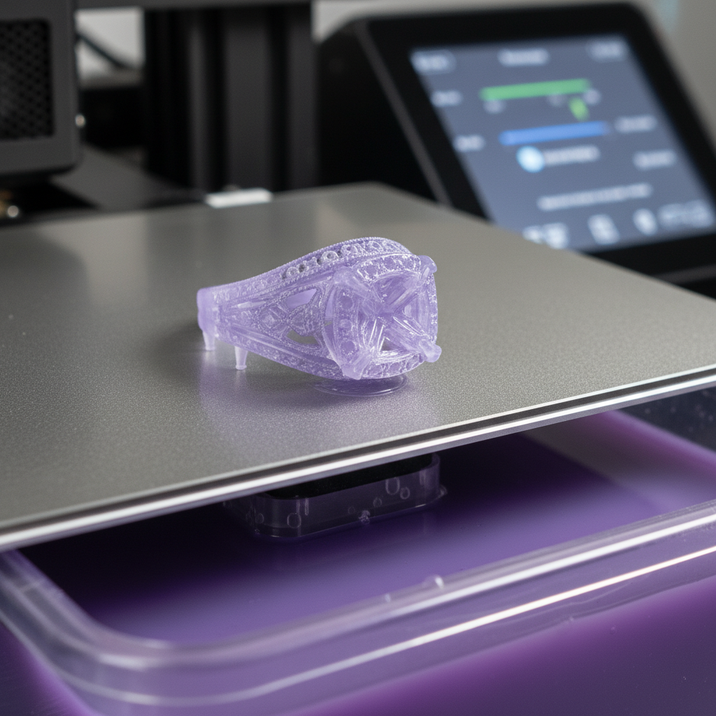 A highly detailed, intricate jewelry design, such as an engagement ring with filigree and small gem settings, freshly printed in a translucent castable photopolymer resin (e.g., a subtle purple or green hue). The resin print is sitting on the build plate of a modern resin 3D printer (SLA, DLP, or LCD type) with a liquid resin vat visible below. The focus is on the exquisite detail and smooth surface of the resin pattern, highlighting its delicate structure and readiness for the Investment Casting Resin process.