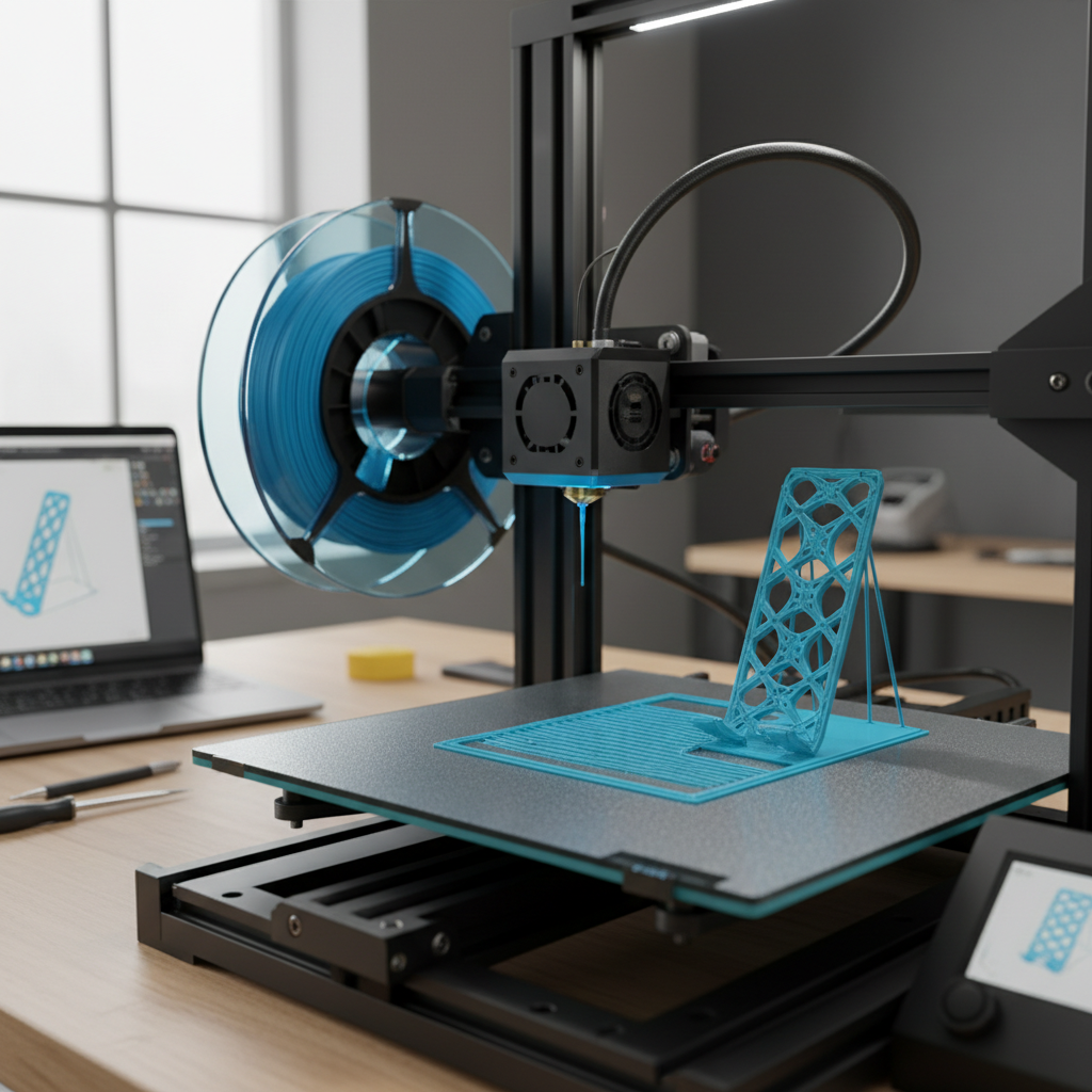 A detailed, close-up shot of an FDM (Fused Deposition Modeling) 3D printer in action. The printer's nozzle is precisely extruding a thin stream of bright blue, molten plastic filament onto a build plate, forming distinct, visible layers of a custom phone stand. A large spool of the same blue filament is clearly visible attached to the printer, feeding into the print head. The setting is a clean, modern workshop or desk, emphasizing the 'super-smart, computer-controlled hot glue gun' action.
