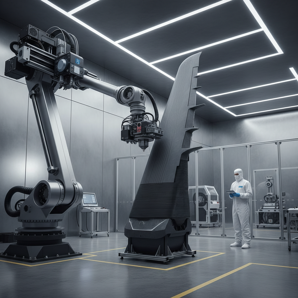 A colossal, industrial 3D printer, featuring a prominent robotic arm, actively constructing a large, intricate prototype of an airplane wing section. The wing part is already several feet tall, displaying clear, visible layers of strong, dark grey polymer material being extruded. In the background, a person in a cleanroom suit observes the process, providing a sense of immense scale. The setting is a brightly lit, high-tech manufacturing facility, emphasizing innovation and precision.