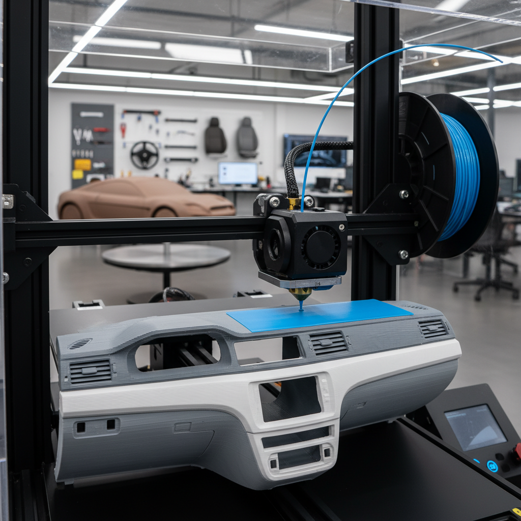 A close-up shot of an FDM 3D printer actively building a detailed prototype of a car dashboard. The printer's nozzle is clearly visible, extruding a thin stream of molten plastic filament onto the growing layers of the dashboard model. The partially completed dashboard shows distinct horizontal layer lines, showcasing the additive manufacturing process. The background is a slightly blurred, modern automotive design studio or workshop, hinting at other design tools and car parts.