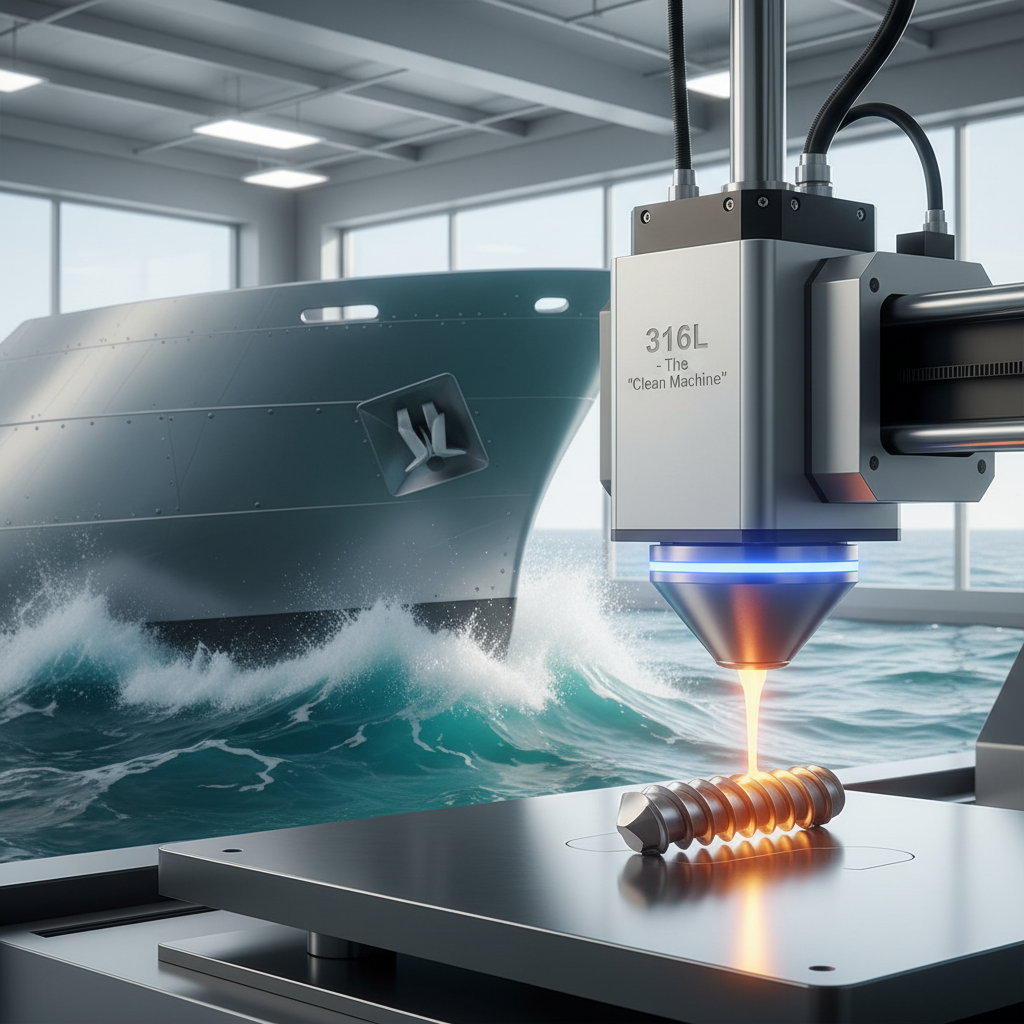 A futuristic, gleaming 3D printer nozzle is actively extruding molten 316L stainless steel, carefully forming the intricate threads of a pristine medical bone screw. In the immediate background, slightly out of focus, a section of a sleek, rust-proof ship's hull made of the same 316L stainless steel is visibly enduring vigorous ocean waves, demonstrating its resilience in salt water. The overall scene should convey cleanliness, strength, and advanced manufacturing.