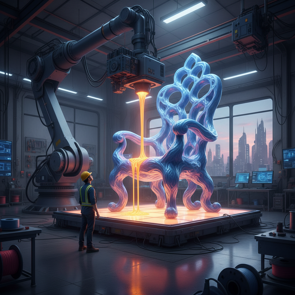 A giant industrial 3D printer, resembling a massive robotic arm extruding molten material, is actively fabricating a unique, oversized chair designed with swirling, organic shapes. The half-finished chair stands prominently on the printer's build platform in a clean, high-tech workshop. A human worker in a safety vest stands nearby, looking up at the impressive scale of both the printer and the object being created.