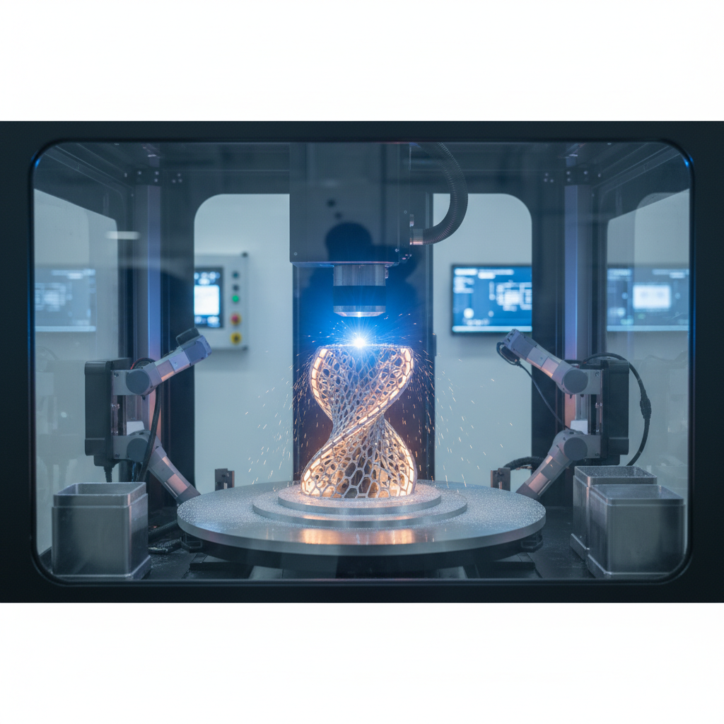 A high-tech metal 3D printer in action. A precise, focused blue laser beam is actively melting and fusing fine metallic powder on a build platform, layer by layer. The printer is in the process of constructing a complex, intricate, and geometrically twisted mechanical part, showcasing detailed internal structures that would be impossible to make with traditional manufacturing. The scene should convey a sense of modern industrial innovation and precision.
