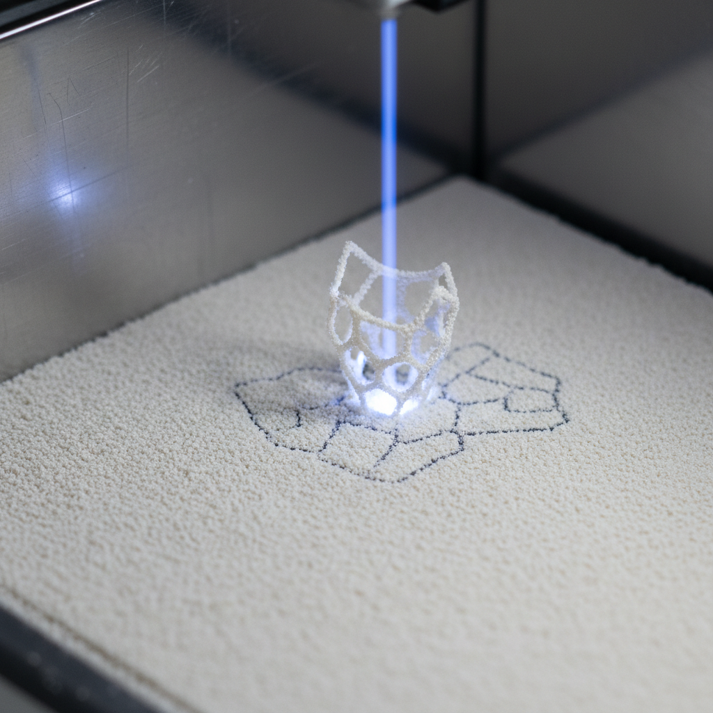 A detailed close-up shot inside an SLS (Selective Laser Sintering) 3D printer chamber. A focused, glowing laser beam is precisely scanning across a flat bed of very fine, light grey plastic powder, solidifying it layer by layer to form an intricate, emerging object. The surrounding unfused powder looks like dry, clean sand, and the laser's action should visually suggest a delicate, precise 'gluing' effect as it builds the part.