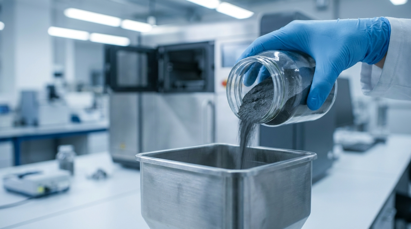 Gloved hand handling and pouring fine metal 3D printing powder during setup