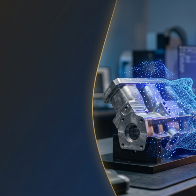 3D laser scanner capturing a metal part with a point-cloud mesh — 3D scanning and reverse engineering service