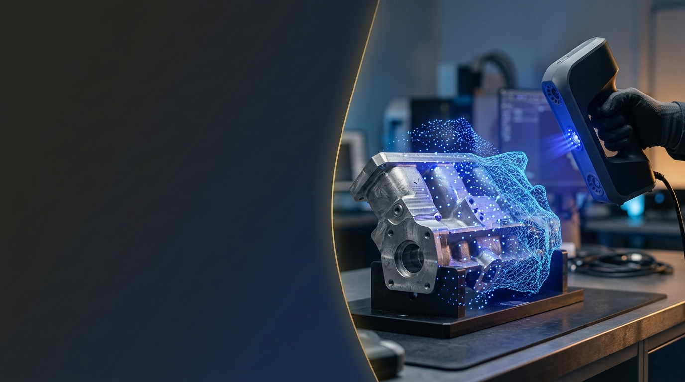 3D laser scanner capturing a metal part with a point-cloud mesh — 3D scanning and reverse engineering service
