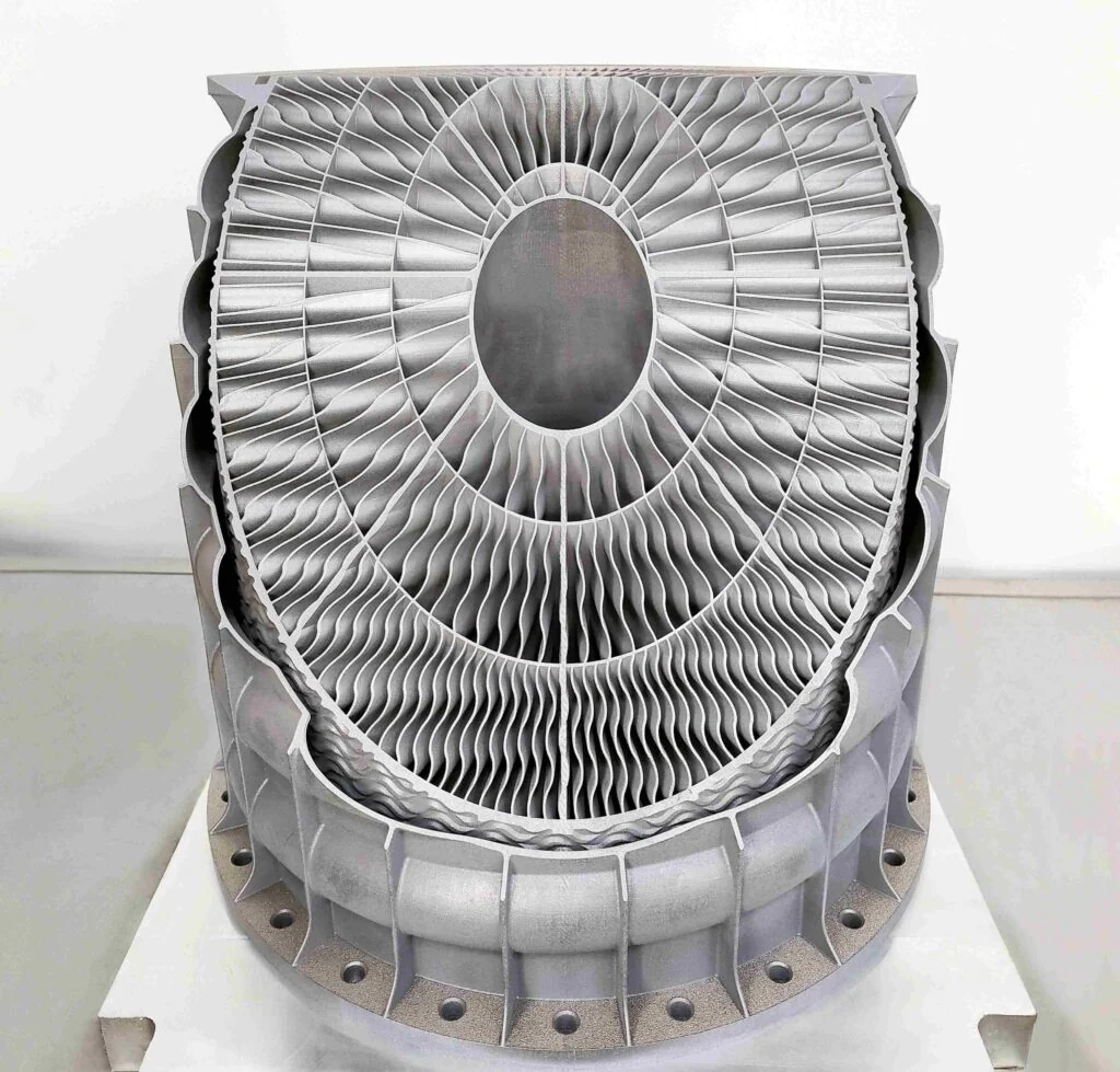 Aluminum in-line tube and shell heat exchanger printed on the Farsoon FS422M-4 metal LPBF system