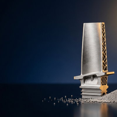 Inconel 3D printing banner: printed nickel-superalloy turbine part and powder on a navy studio background with gold glow